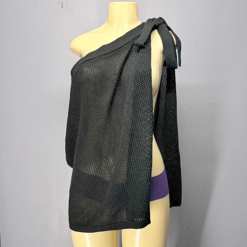 Almost Famous Black One Shoulder Mesh Sweater XXL | Tie Shoulder Cover Up